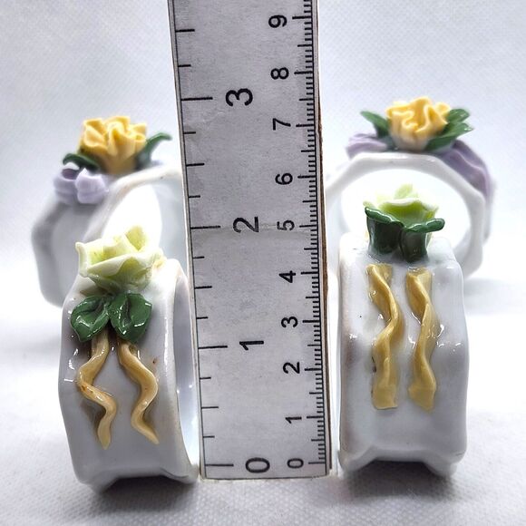 NAPKIN RINGS-Porcelain-3D Flowers-Yellow-Green-Set of 4 - Picture 16 of 16